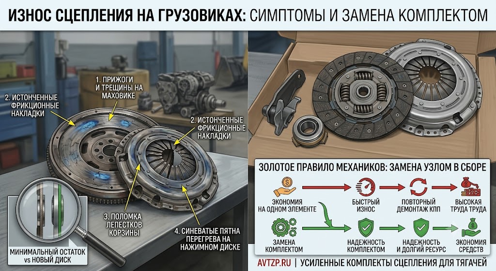 Износ сцепления на грузовиках: когда пора менять корзину и выжимной подшипник